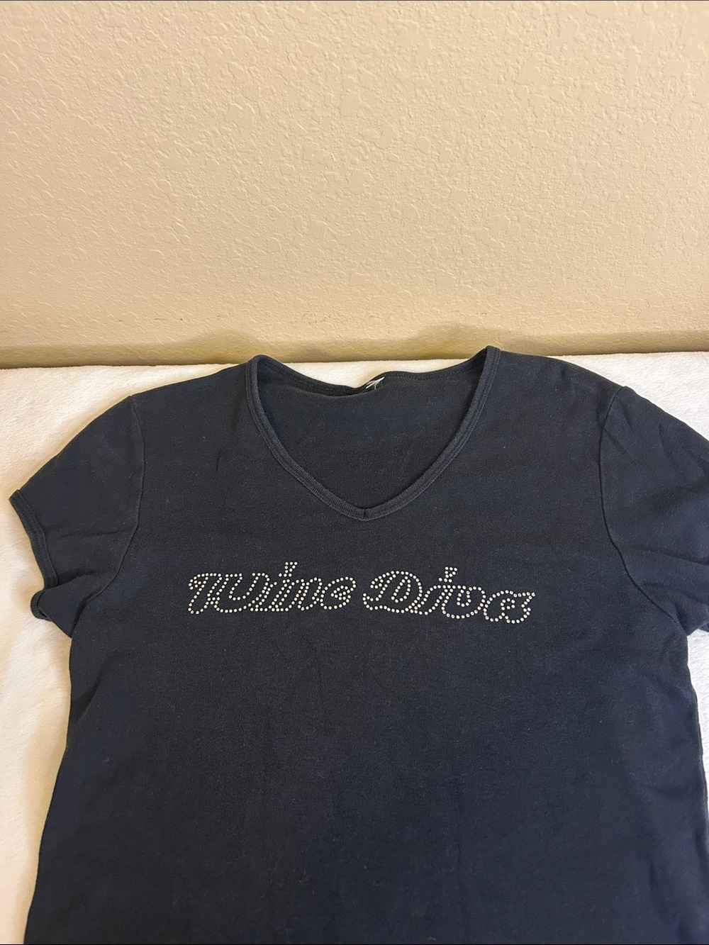 Women's V-Neck Black Tee with Rhinestone “Wine Diva” Script - Picture 5 of 5